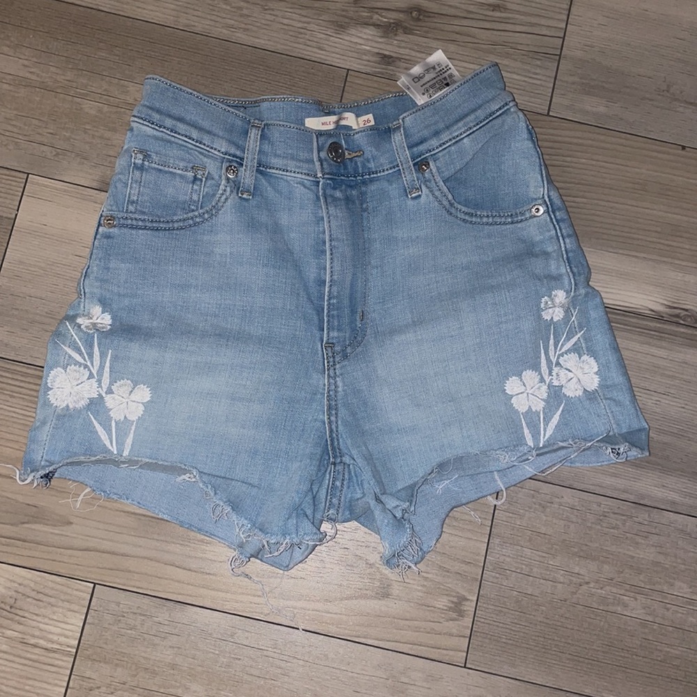 Levi's Light Blue Denim Jean Shorts with White Floral Embroidery
